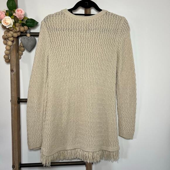 J Jill Oatmeal Long Sleeve Knit Crew Neck Sweater with Fringe Size XS - Picture 4 of 7